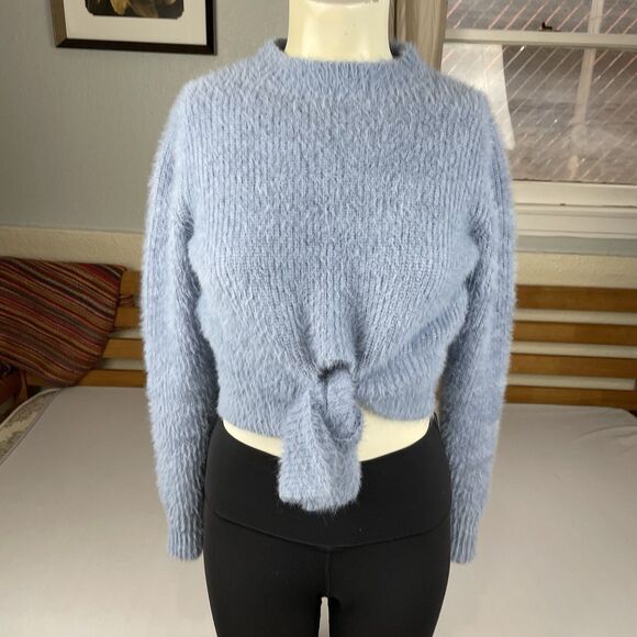 Windsor Cropped Tie Front Mock Neck Sweater Women’s Sm Powder Blue Pastel Cozy - Picture 3 of 16